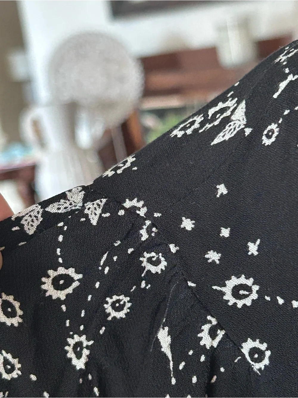 Free People Black Floral Button-Up Blouse with Cream Crochet Trim